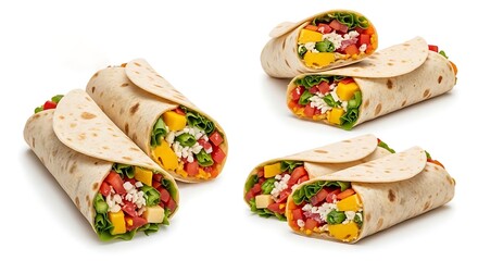 Delicious wrap sandwiches with fresh ingredients on white