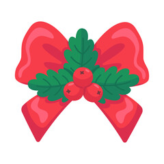 Festive Red Christmas Bow with Holly Leaves and Berries Illustration
