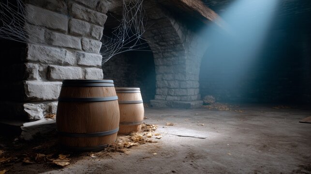 Exploring an abandoned cellar with wooden barrels dark environment atmospheric lighting mysterious concept