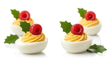 Deviled eggs with raspberry garnish on white background