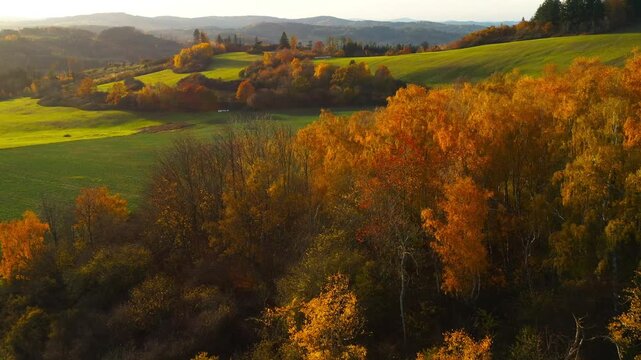 Drone flight over the South Bohemian landscape at the end of October. Colorful harmony of nature in autumn. Czech Republic, Central Europe.