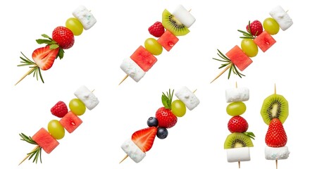 Colorful fruit skewers isolated on white background