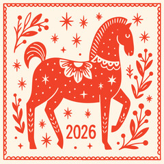 Decorative Horse Illustration (ornamental folk-style horse, symbol of 2026)