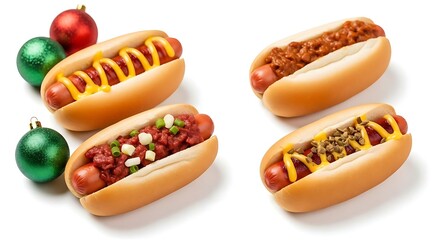 Gourmet hot dogs with toppings and christmas ornaments