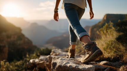 Hiking canyon adventure scene faceless individual defocused natural landscape background outdoor exploration moment recreational activity visualization nature experience