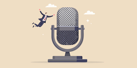 Businessman flying towards a vintage microphone with a sense of excitement