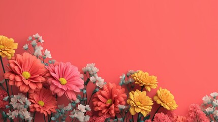 Floral border on coral background supports spring marketing, beauty branding, cosmetic packaging, greeting design, event promotion and seasonal advertising