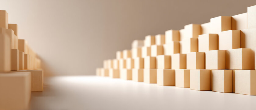 Abstract composition of beige cubic blocks arranged in rows with soft lighting and shallow depth of field creating a minimalist geometric pattern