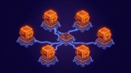Illegal Cryptocurrency Mining Network Depicted With Neon UI Design, Showcasing Interconnected Bots and Servers in an Abstract Format