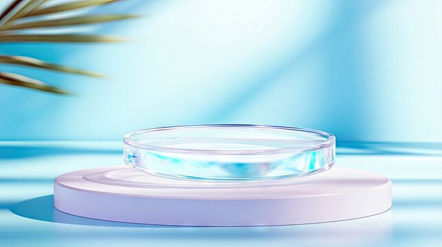 A clear glass petri dish rests on a white podium, with soft shadows from leaves cast across a light blue background. The scene is illuminated with bright, natur