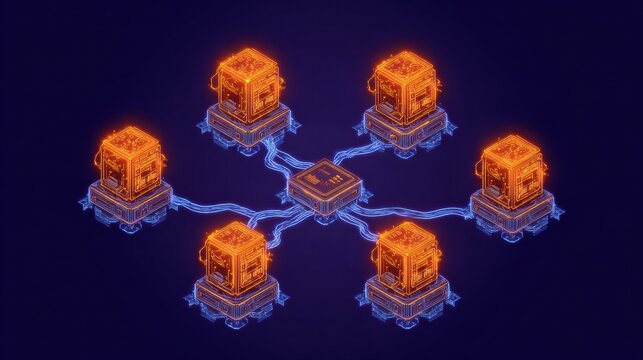 Illegal Cryptocurrency Mining Network Depicted With Neon UI Design, Showcasing Interconnected Bots and Servers in an Abstract Format