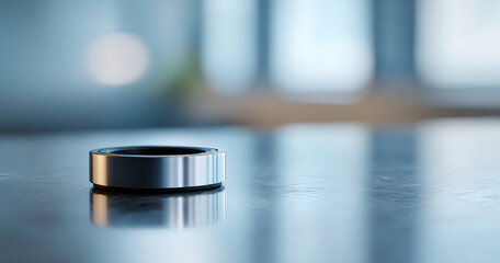 Close-up of a sleek metallic ring placed on a reflective surface with a blurred modern background and soft natural lighting