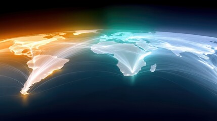 A stylized digital representation of the Earth, showing glowing continents and interconnected light trails symbolizing global networks and data flow.