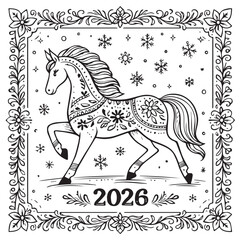 Decorative Horse Illustration (ornamental folk-style horse, symbol of 2026)