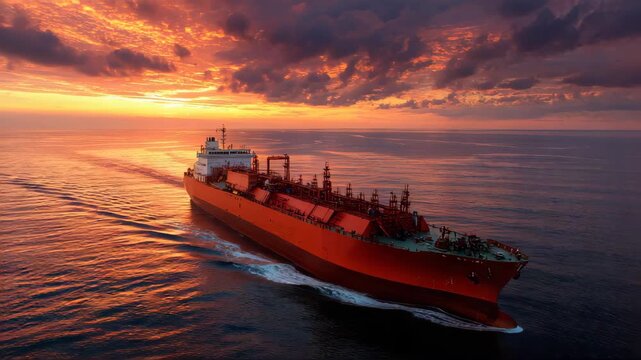 A big LNG tanker ship travelling over the calm ocean during sunset