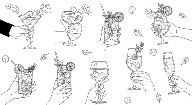 Hand-drawn vector set of wine glasses and bottles with cocktail, beer, and martini icons for bar and restaurant design