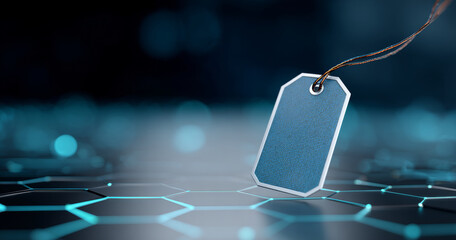 Close-up of a blank blue price tag hanging over a futuristic hexagonal digital grid with glowing blue lines and bokeh background