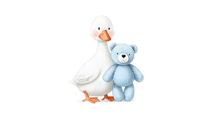 Obraz premium Whimsical watercolor illust n featuring a friendly white goose with rosy cheeks and a cuddly blue teddy bear perfect for children s themes and expressing sweet companionship