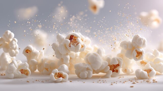 Popcorn clusters with micro debris highlight snack, food, grain, kernel texture, and dynamic edible motion. Fine crumbs support FMCG snack themes, cinema visuals, and product texture detail