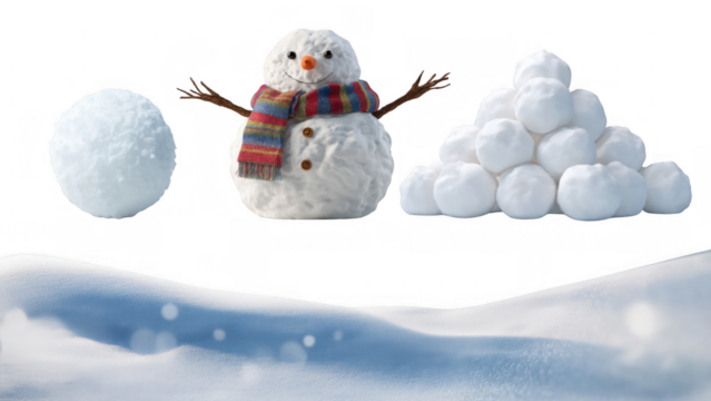 Snowman with a rainbow scarf and snowballs, AI, PNG