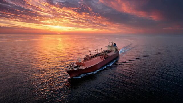 A big LNG tanker ship travelling over the calm ocean during sunset