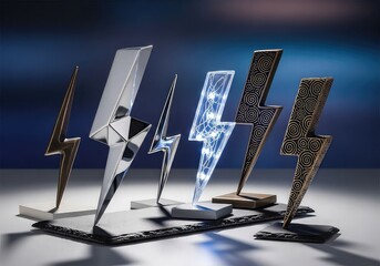 A collection of stylized lightning bolt awards and sculptures displayed on a dark surface with a glowing background.