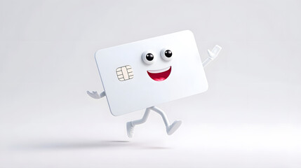This 3D rendered cartoon depicts a lively credit card character in a running pose conveying speed happiness and the ease of modern digital payments and financial services