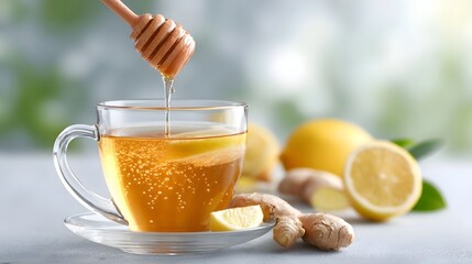 Close up of a clear glass cup filled with amber colored honey lemon ginger tea as honey is drizzled from a wooden dipper with fresh lemons and ginger root in the background