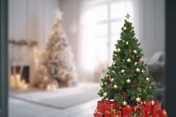 Decorated Christmas tree and room background
