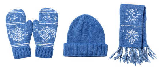 Blue winter hat, mittens, and scarf set, AI, PNG