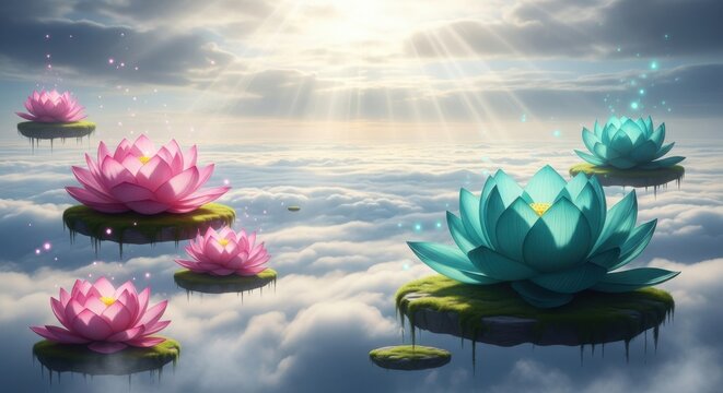Floating lotus flowers in a dreamlike sky - Powered by Adobe