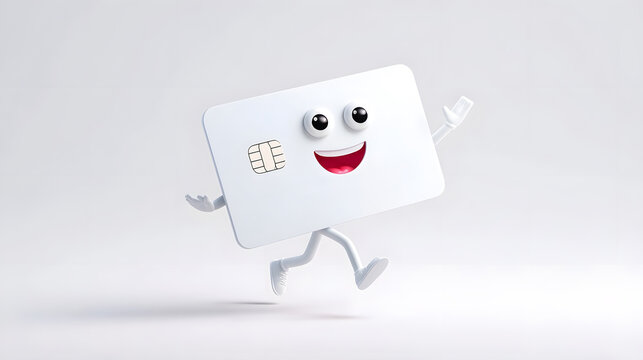 This 3D rendered cartoon depicts a lively credit card character in a running pose conveying speed happiness and the ease of modern digital payments and financial services
