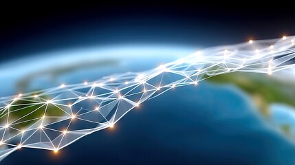 A futuristic digital network overlay with glowing nodes connects across the surface of the Earth, symbolizing global connectivity and advanced technology.