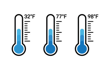 Three thermometers display different temperature readings: 32°F, 77°F, and 98°F, illustrating varying degrees of heat and cold.