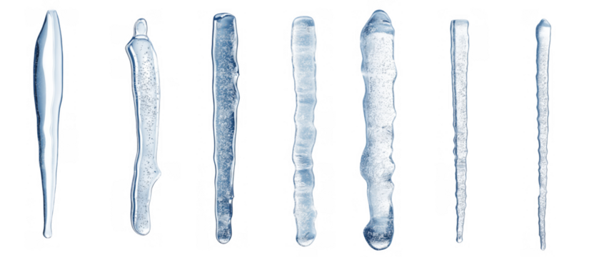 Icicles of various shapes on a white background, AI, PNG