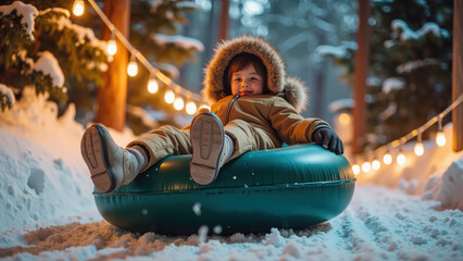 Child enjoys winter fun on snow tube, surrounded by snowy landscape and glowing lights. scene captures joy and excitement