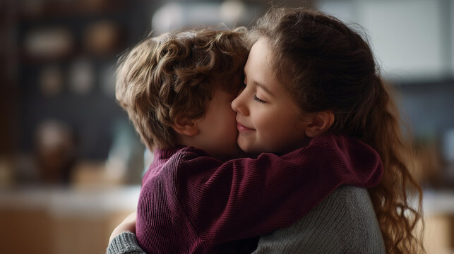 Sibling affection scene faceless youngsters defocused home background family love moment childhood bonding visualization domestic relationship display with copy space