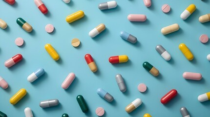 A vibrant assortment of multicolored capsules, tablets, and softgel pills is scattered randomly across a bright blue background. Each pill pops with bold, eye-catching colors.