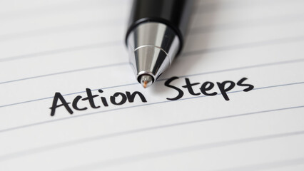 Obraz premium Action steps written on lined paper with pen resting on top, symbolizing planning and organization