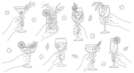 Obraz premium Hand-drawn vector set of wine glasses and bottles with cocktail, beer, and martini icons for bar and restaurant design