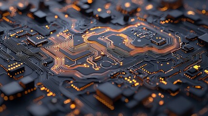 Close-up view of a dark, intricate circuit board with glowing orange lines and components, suggesting advanced technology and data flow.