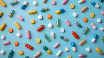 Medicine pills arranged on a blue background. ideal for themes related to healthcare, supplements, pharmaceuticals, medicine safety, and wellness education.