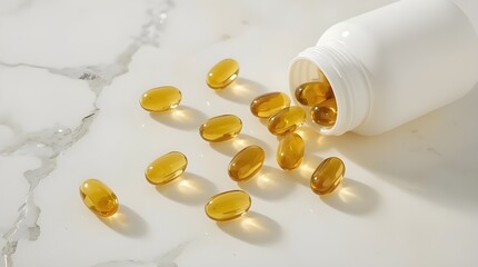 A white plastic bottle lies on its side, with capsules spilling out naturally. The softgels suggest ingredients commonly found in premium supplements, such as fish oil, omega-3, and vitamin E.