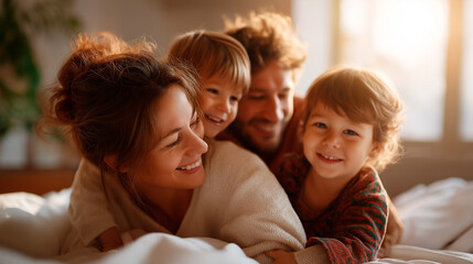 Joyful family scene playing with youngsters on bed faceless parents children defocused warm inviting background family bonds care moment domestic love visualization with copy