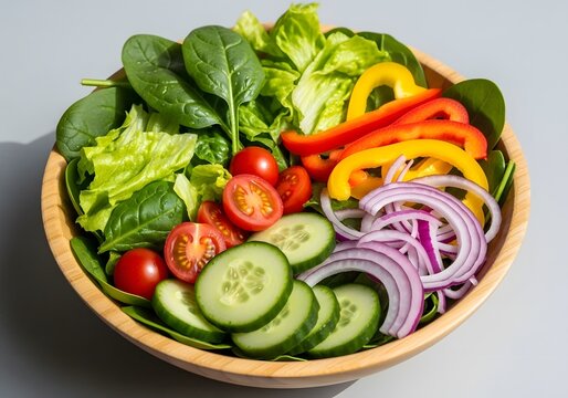 A healthy and appetizing salad with fresh ingredients in a wooden bowl