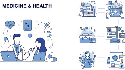 Digital healthcare illustration, doctor consultation, medical icons, health records, telemedicine tools, secure data, flat vector illustration
