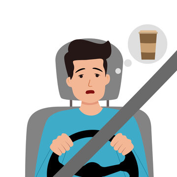 Sleepy tired driver thinking about coffee in flat design on white background. Fatigue overworked male driver has a long trip.