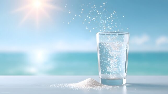 Close up of a glass of clear water with white granules dissolving creating bubbles next to a pile of powder with a blurred sunny beach and ocean in the background