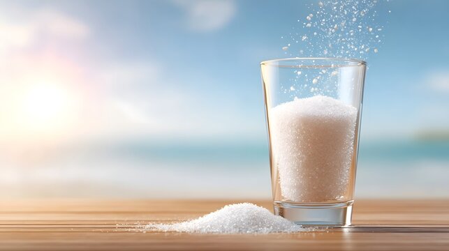 A clear glass filled with white granular salt or sugar is shown on a wooden table with crystals spilling out The background features a soft focus beach ocean and sky on a sunny day - Powered by Adobe