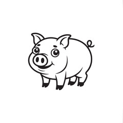 Fototapeta premium Outline drawing of a happy cartoon pig with curly tail swine animal